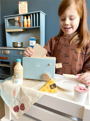 Blue Wooden Toaster with Pop-Up Function