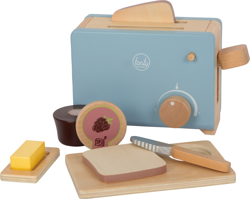 Blue Wooden Toaster with Pop-Up Function