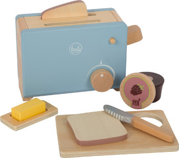 Blue Wooden Toaster with Pop-Up Function