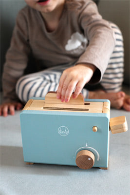 Blue Wooden Toaster with Pop-Up Function