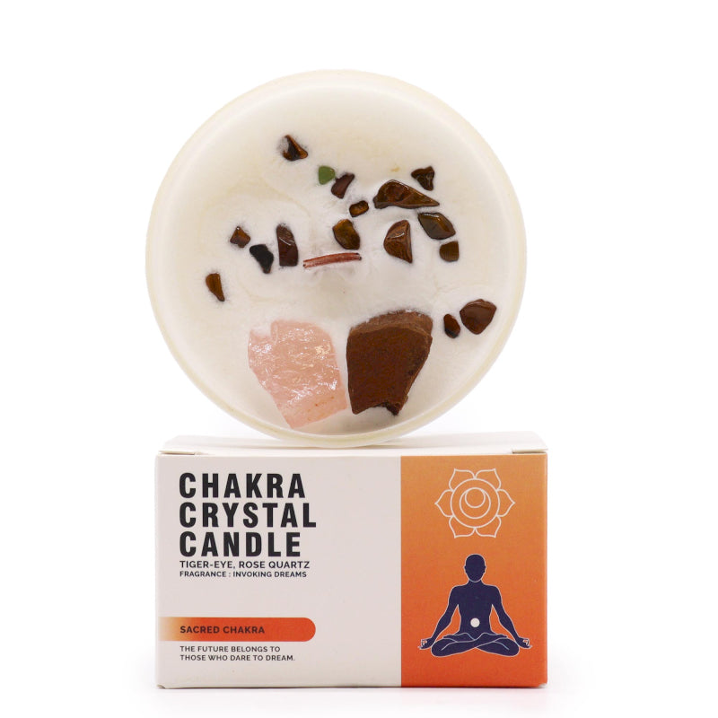 Chakra crystal candle with packaging on a white background