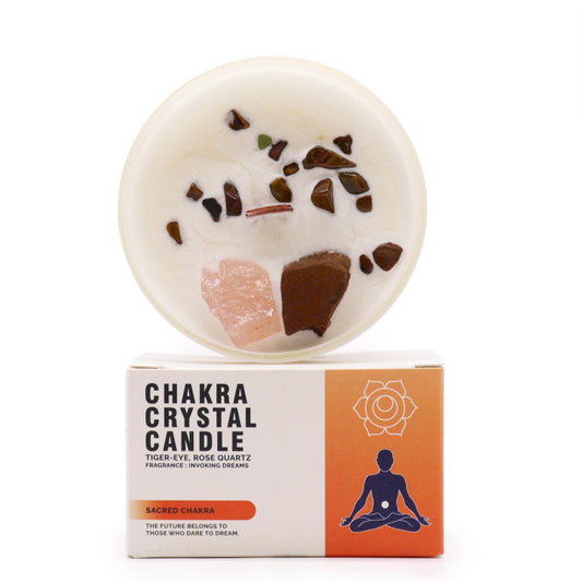 Chakra crystal candle with packaging on a white background