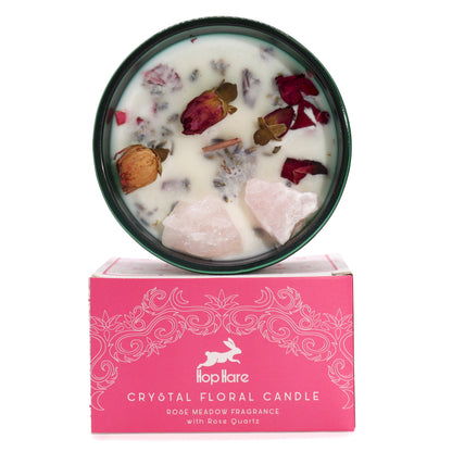 Crystal floral candle with rose petals and stones on a pink box labeled 'Tophare'.