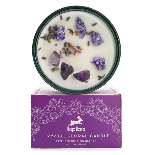 Crystal floral candle with lavender hills fragrance and amethyst on a white background